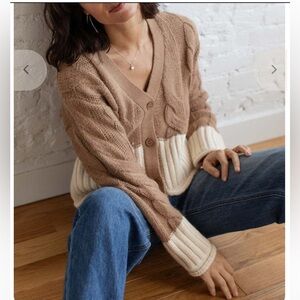 Promensa Women's Sweater Two-Tone Pink-Cream Color Block Cable Cardigan Size S